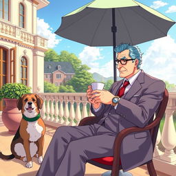 An anime-styled scene featuring a wealthy man in his fifties, sitting elegantly on a terrace of a luxurious mansion