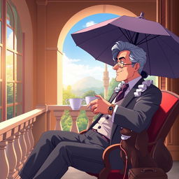 An anime-styled scene featuring a wealthy man in his fifties, sitting elegantly on a terrace of a luxurious mansion