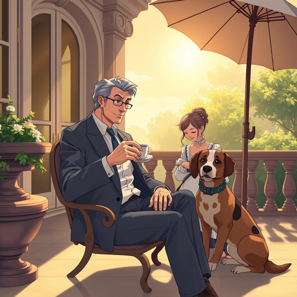 An anime-styled scene featuring a wealthy man in his fifties, sitting elegantly on a terrace of a luxurious mansion