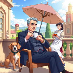 An anime-styled scene featuring a wealthy man in his fifties, sitting elegantly on a terrace of a luxurious mansion