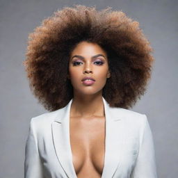 A beautiful woman with a powerful, voluminous Afro hairstyle, expressing self-confidence and empowerment.