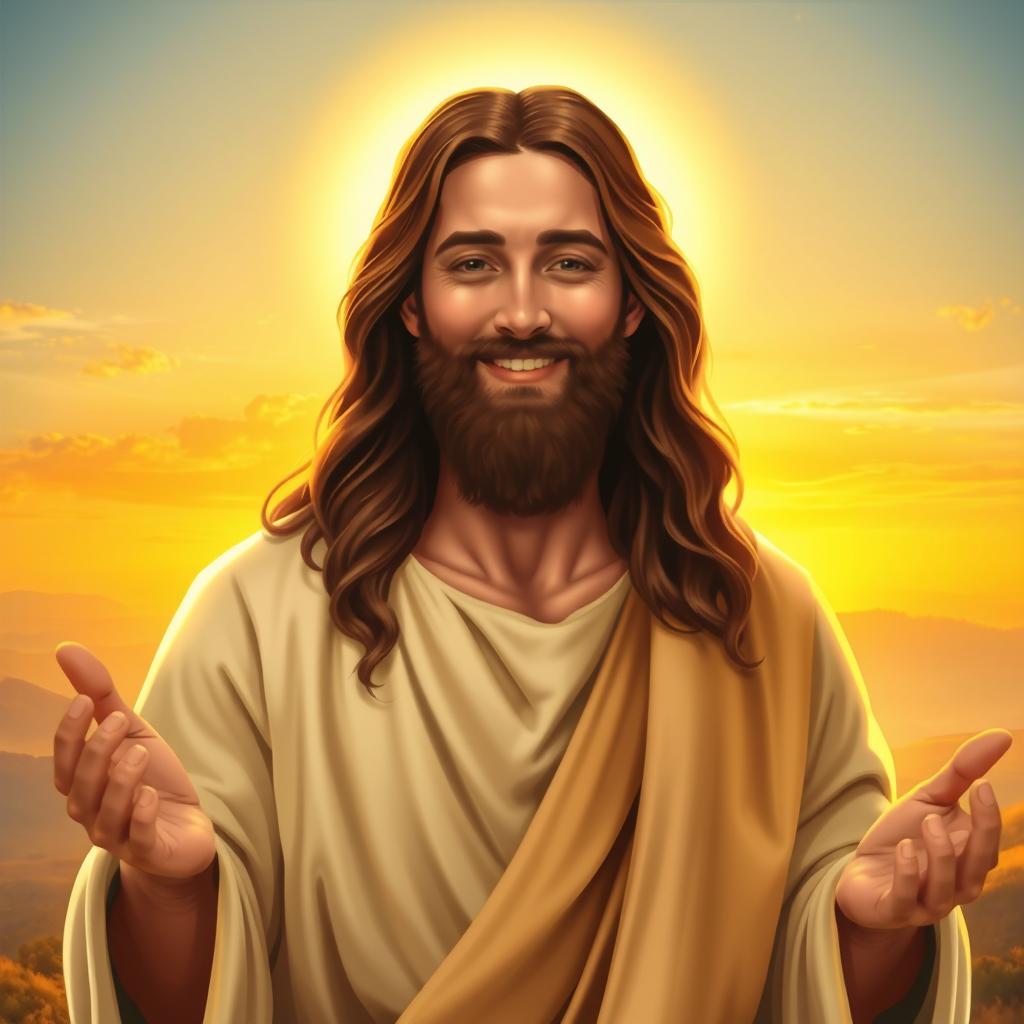 A serene and inspiring depiction of Jesus Christ, warm golden light surrounding Him as He gently smiles