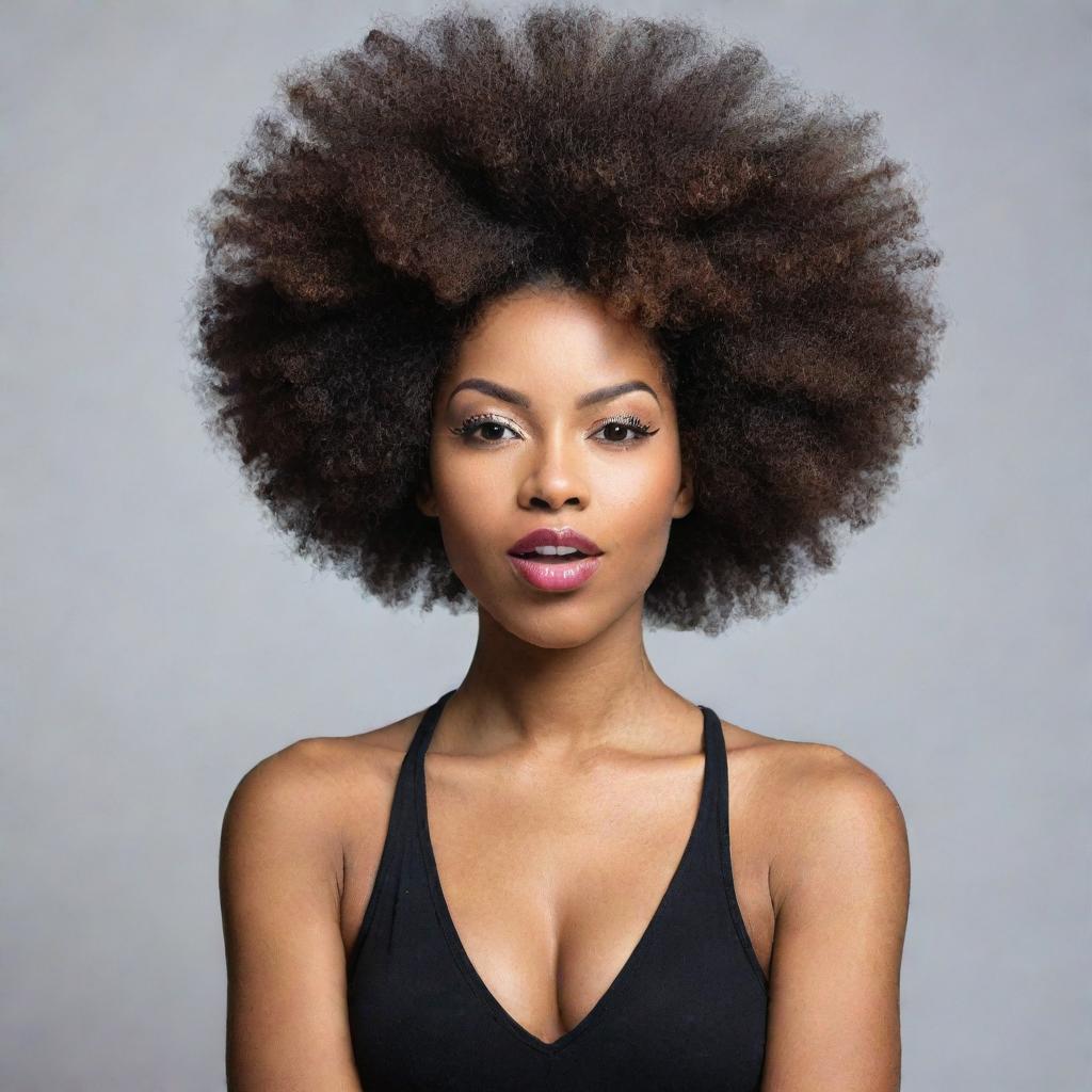 A beautiful woman with a powerful, voluminous Afro hairstyle, expressing self-confidence and empowerment.