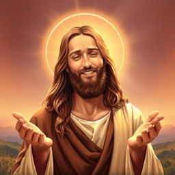 A serene and inspiring depiction of Jesus Christ, warm golden light surrounding Him as He gently smiles