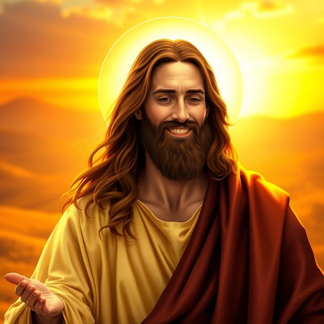 A serene and inspiring depiction of Jesus Christ, warm golden light surrounding Him as He gently smiles