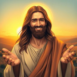 A serene and inspiring depiction of Jesus Christ, warm golden light surrounding Him as He gently smiles