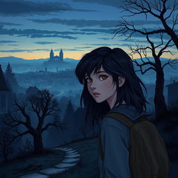 An enchanting view of Crestwood City at dusk, wrapped in a mysterious atmosphere