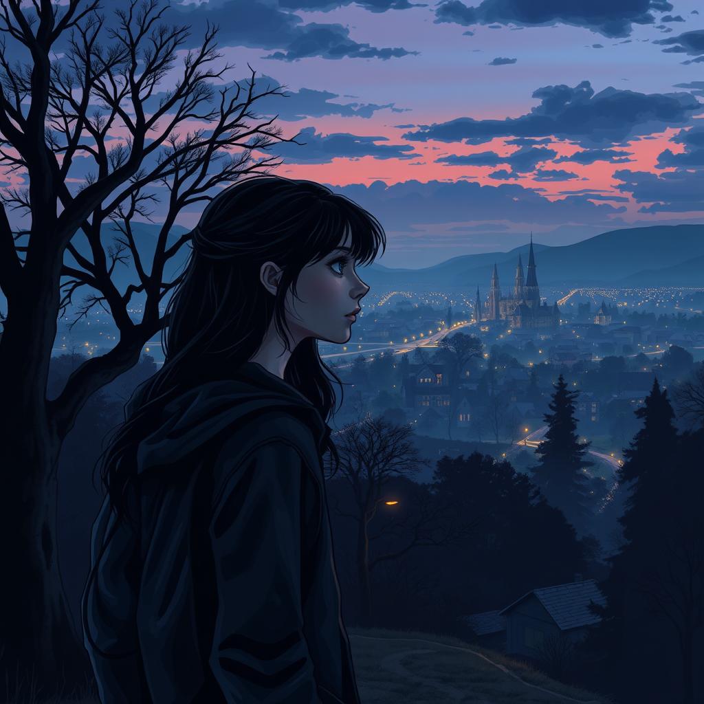 An enchanting view of Crestwood City at dusk, wrapped in a mysterious atmosphere