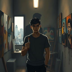 A young man named Elkairo stands in the center of a dimly lit art studio, holding a paintbrush with a firm hand