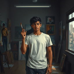 A young man named Elkairo stands in the center of a dimly lit art studio, holding a paintbrush with a firm hand