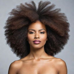 A beautiful woman with a powerful, voluminous Afro hairstyle, expressing self-confidence and empowerment.