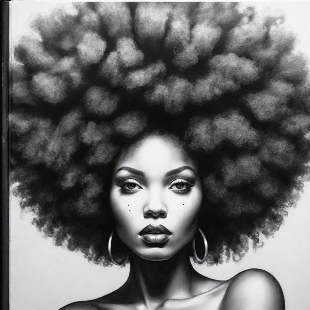 A stunning black and white graffiti-style art book drawing of a woman with a voluminous Afro hairstyle, embodying street art charm and elegance.