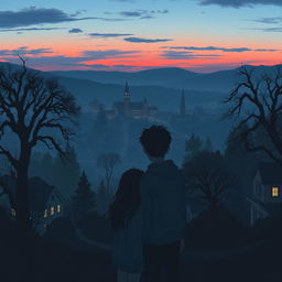 A scenic view of the mysterious city of Crestwood at dusk, capturing an intriguing atmosphere