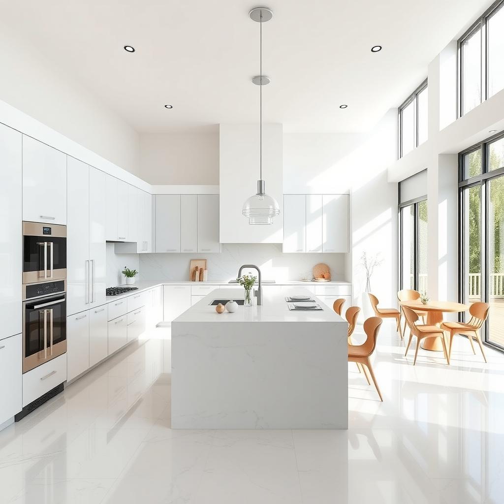 A beautiful and modern kitchen interior with sleek minimalist design, featuring a large island in the center, surrounded by high-end appliances and elegant cabinetry