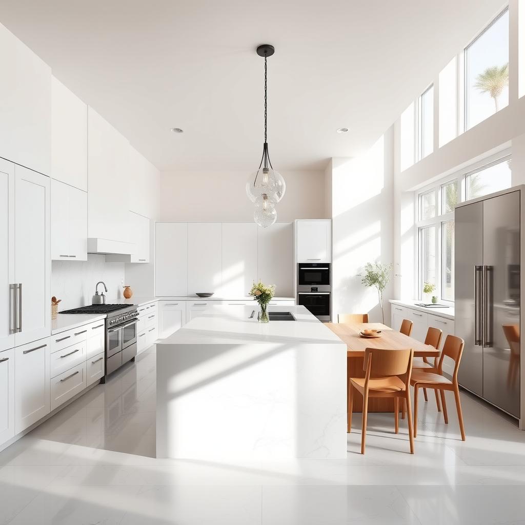 A beautiful and modern kitchen interior with sleek minimalist design, featuring a large island in the center, surrounded by high-end appliances and elegant cabinetry