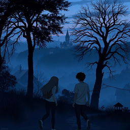 A scenic view of the mysterious city of Crestwood at dusk, capturing an intriguing atmosphere