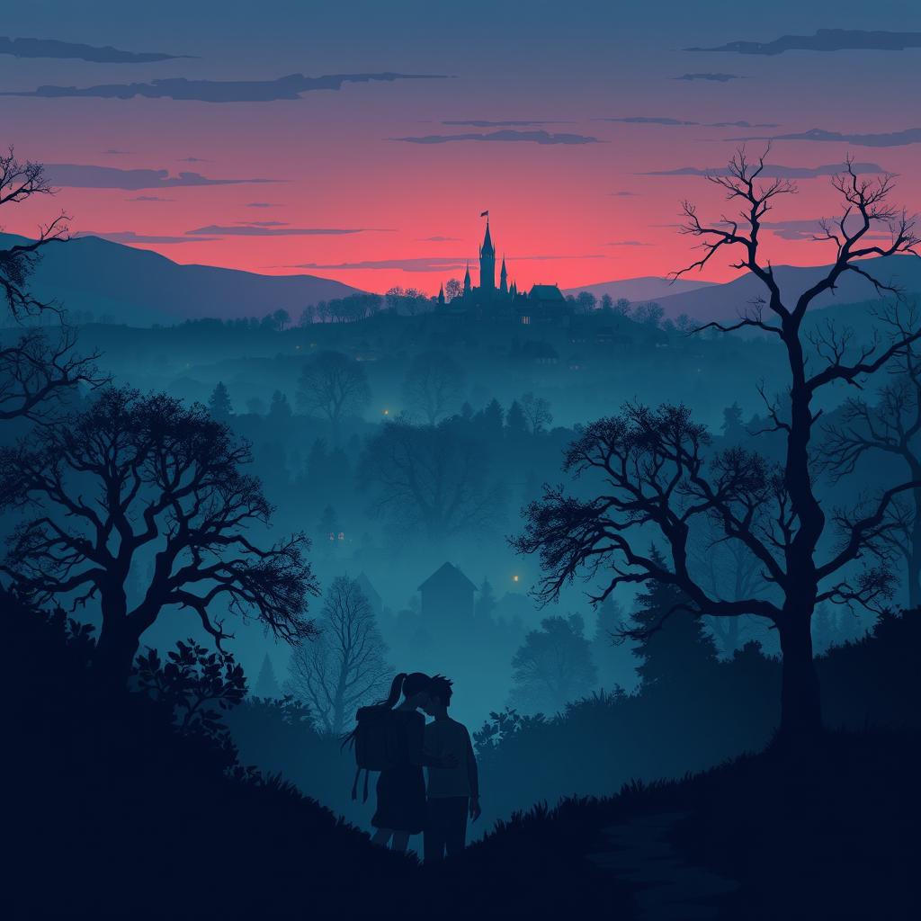 A scenic view of the mysterious city of Crestwood at dusk, capturing an intriguing atmosphere