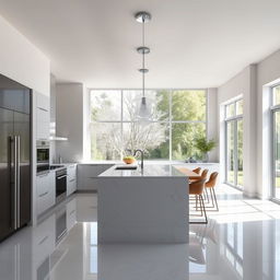 A beautiful and modern kitchen interior with sleek minimalist design, featuring a large island in the center, surrounded by high-end appliances and elegant cabinetry