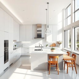 A beautiful and modern kitchen interior with sleek minimalist design, featuring a large island in the center, surrounded by high-end appliances and elegant cabinetry