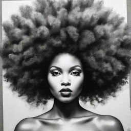 A stunning black and white graffiti-style art book drawing of a woman with a voluminous Afro hairstyle, embodying street art charm and elegance.