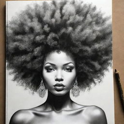 A stunning black and white graffiti-style art book drawing of a woman with a voluminous Afro hairstyle, embodying street art charm and elegance.