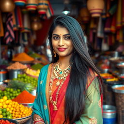 A beautiful and attractive Indian woman standing in a bustling local market