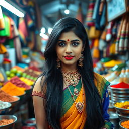 A beautiful and attractive Indian woman standing in a bustling local market