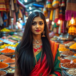 A beautiful and attractive Indian woman standing in a bustling local market