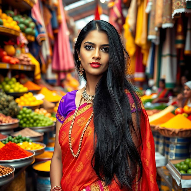 A beautiful and attractive Indian woman standing in a bustling local market