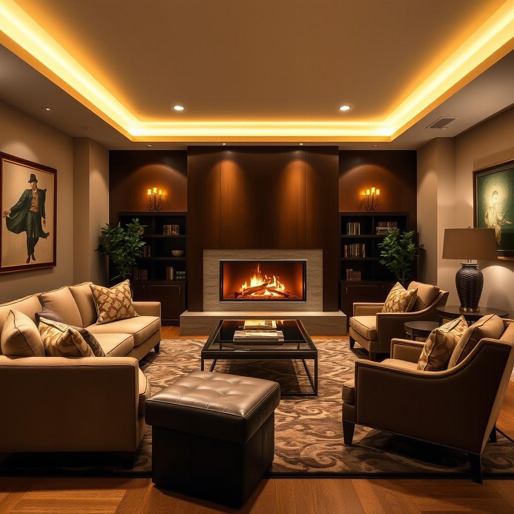 A cozy and elegant living room featuring a beautifully designed fireplace as the centerpiece