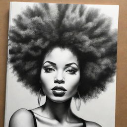 A stunning black and white graffiti-style art book drawing of a woman with a voluminous Afro hairstyle, embodying street art charm and elegance.