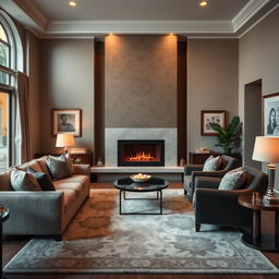 A cozy and elegant living room featuring a beautifully designed fireplace as the centerpiece