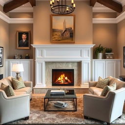 A cozy and elegant living room featuring a beautifully designed fireplace as the centerpiece