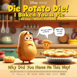 A whimsical and comedic Disney Pixar style movie poster titled "Die Potato Die! I Baked You a Pie: Oh Boy, What Flavour? Pie Pie!"