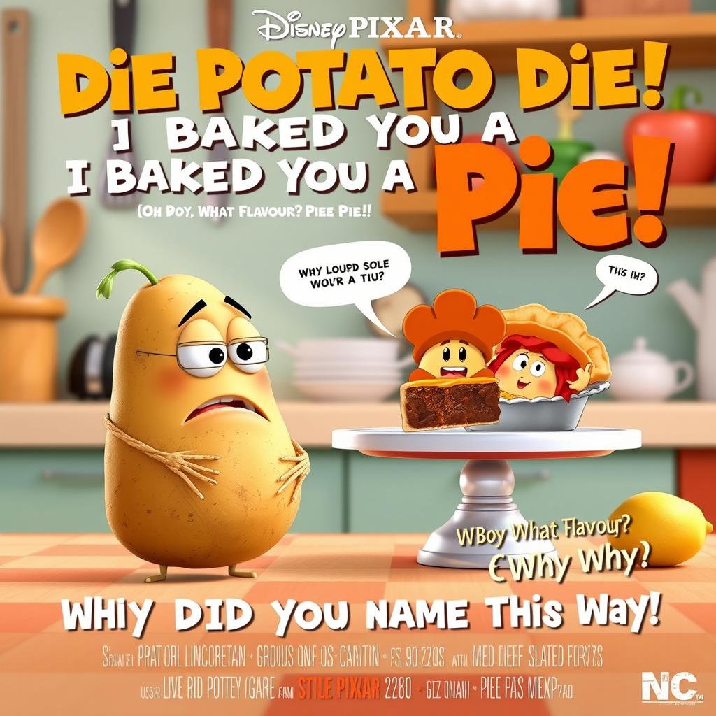 A whimsical and comedic Disney Pixar style movie poster titled "Die Potato Die! I Baked You a Pie: Oh Boy, What Flavour? Pie Pie!"