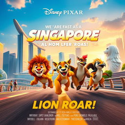 A Disney Pixar movie poster titled "Singapore: We Are Fast as a LION ROAR!"