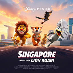 A Disney Pixar movie poster titled "Singapore: We Are Fast as a LION ROAR!"