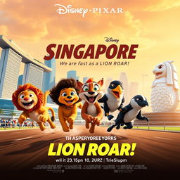 A Disney Pixar movie poster titled "Singapore: We Are Fast as a LION ROAR!"