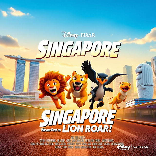 A Disney Pixar movie poster titled "Singapore: We Are Fast as a LION ROAR!"