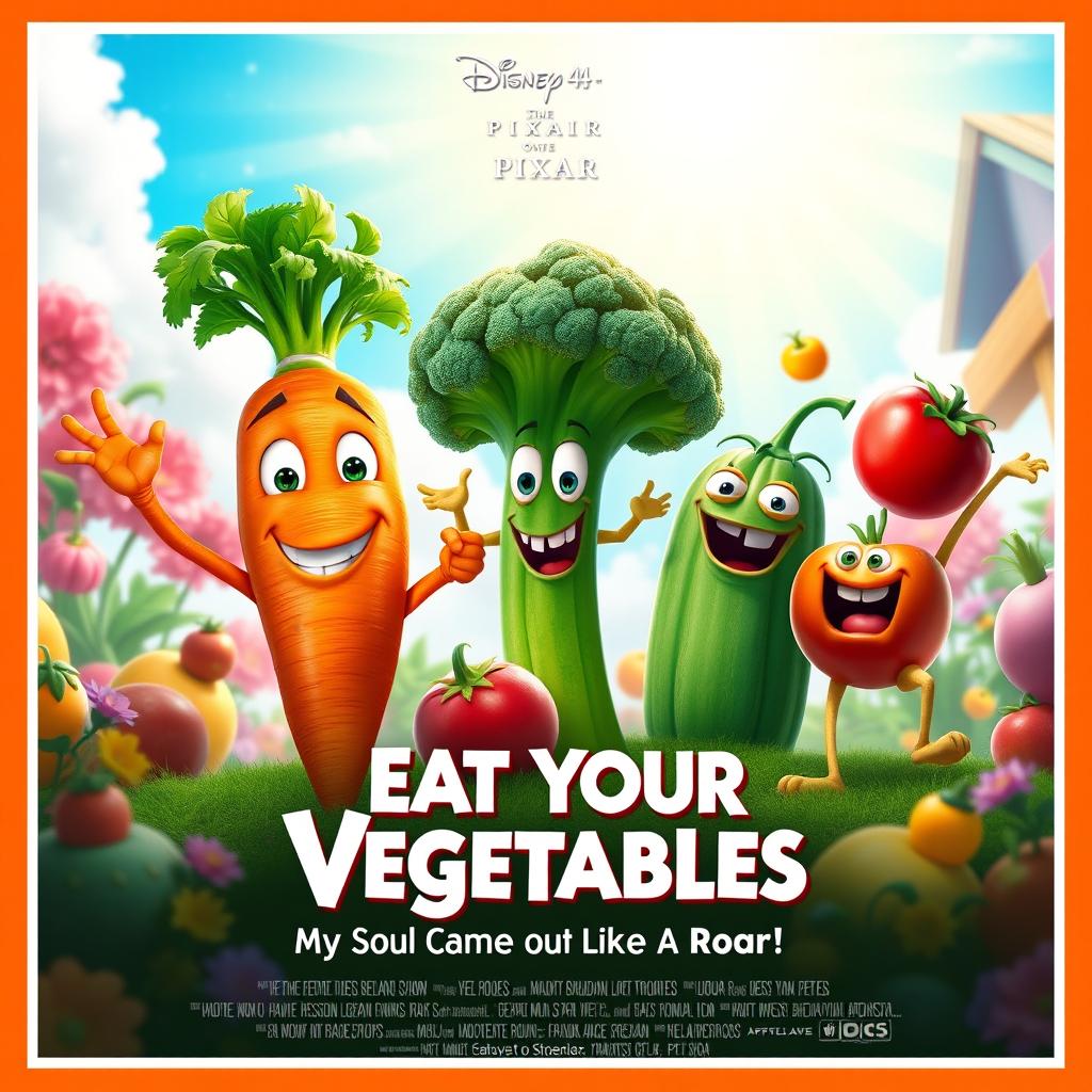 A Disney Pixar style movie poster titled "Eat Your Vegetables: My Soul Came Out Like a Roar!"