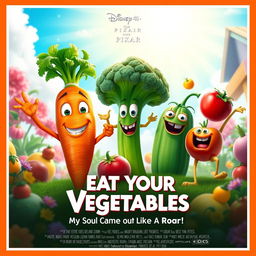 A Disney Pixar style movie poster titled "Eat Your Vegetables: My Soul Came Out Like a Roar!"