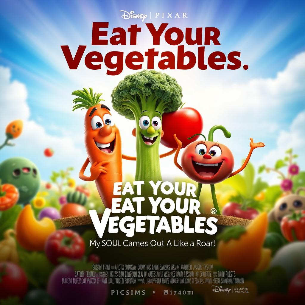 A Disney Pixar style movie poster titled "Eat Your Vegetables: My Soul Came Out Like a Roar!"