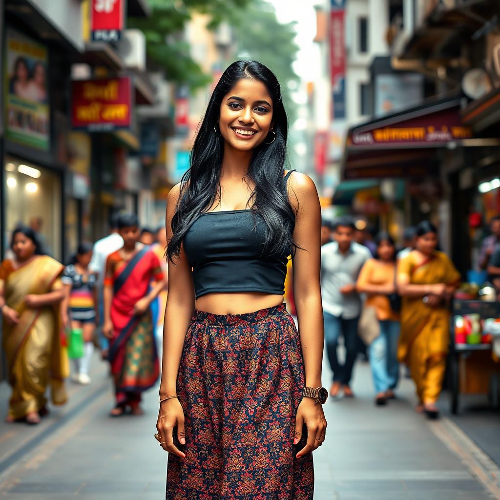 A stunning and attractive Indian woman standing on a bustling footpath, wearing a stylish crop top and paired with a flowing skirt