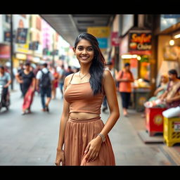 A stunning and attractive Indian woman standing on a bustling footpath, wearing a stylish crop top and paired with a flowing skirt