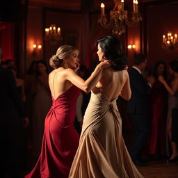 Elegant women passionately dancing tango in a dimly lit room, filled with the sound of soulful Latin music