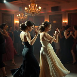 Elegant women passionately dancing tango in a dimly lit room, filled with the sound of soulful Latin music