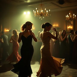 Elegant women passionately dancing tango in a dimly lit room, filled with the sound of soulful Latin music