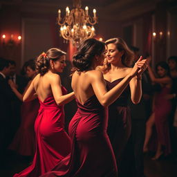 Elegant women passionately dancing tango in a dimly lit room, filled with the sound of soulful Latin music