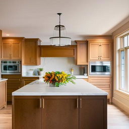 A well lit, spacious kitchen with gleaming stainless steel appliances, polished wooden cabinets, a large island in the middle and a bouquet of fresh flowers on the countertop.