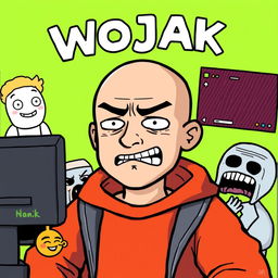 Wojak, a simplistic yet expressive meme character, typically depicted with a bald head and an emotionally expressive face, surrounded by various internet meme elements, embodying a sense of internet culture humor and satire